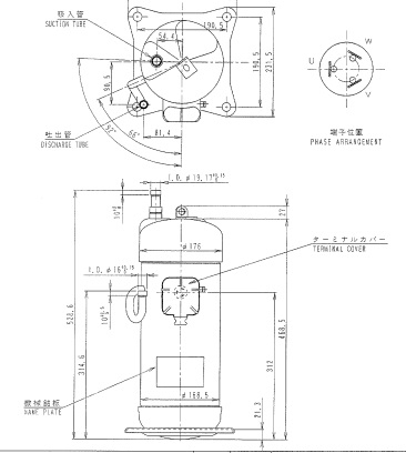 Схема-чертеж компрессора для кондиционера Daikin JT160G-P8Y1